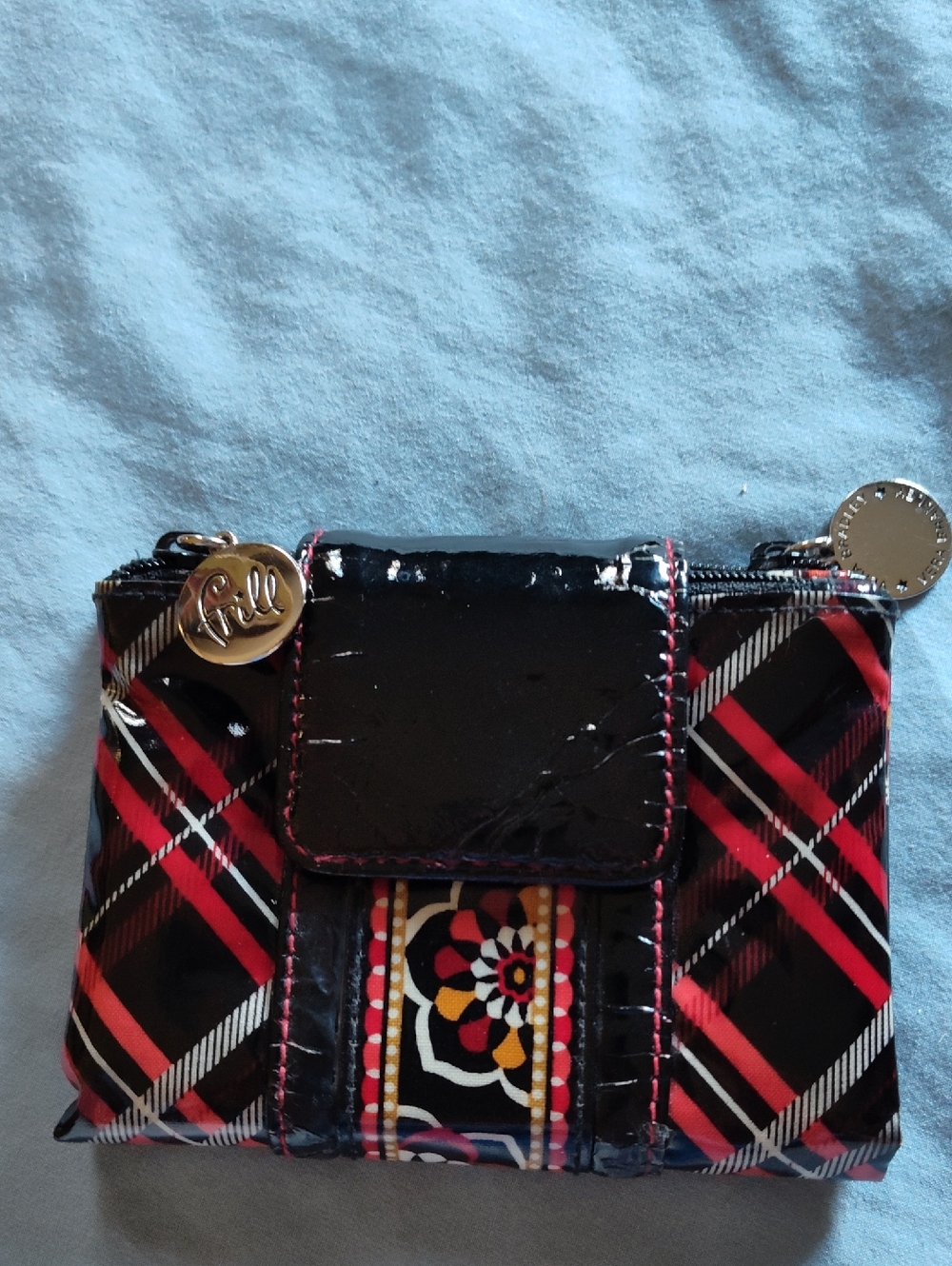 Vera Bradley Black, Red & Yellow Floral- And Plaid Snap Bi-fold Wallet